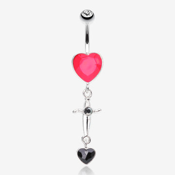 Dagger Heart Sparkle Dangle Belly Button Ring-Clear Gem/Red